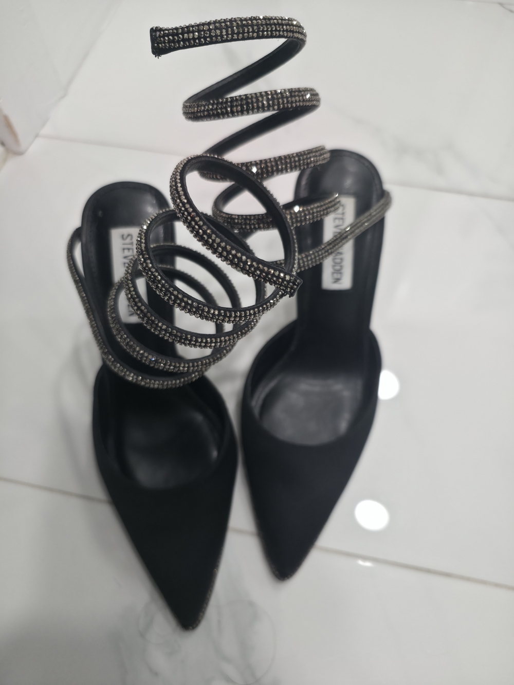 Steve Madden Black Spiral Rhinestone Wrap Heels